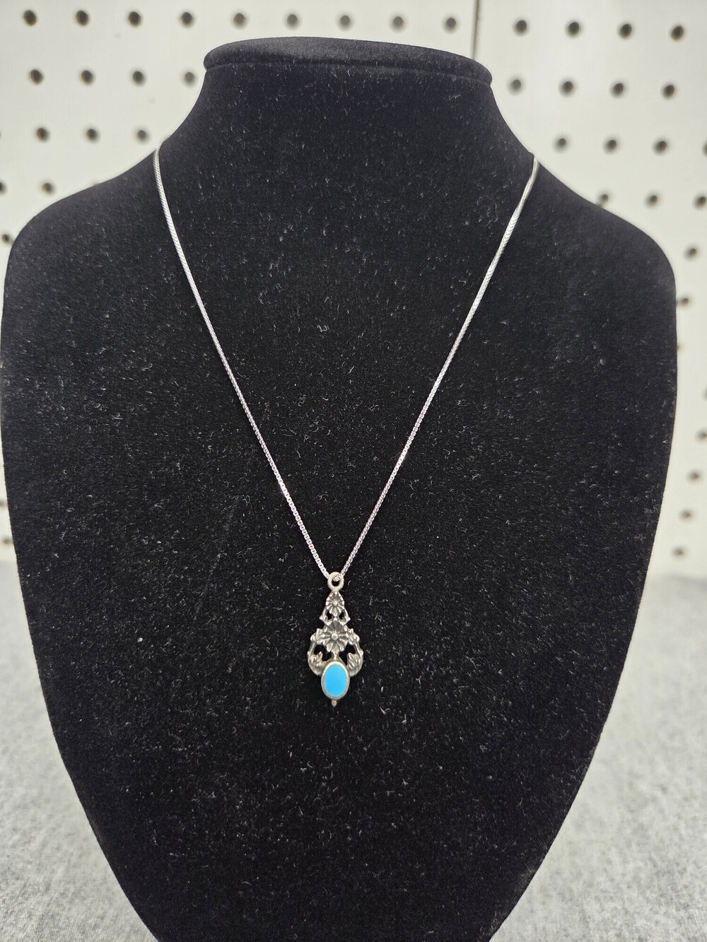 Vintage Southwestern Sterling Silver Filigree Floral Turquoise Teardrop Pendant